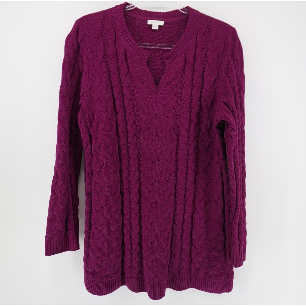 J. Jill Chenille Cable Knit Sweater Womens Large Purple Split V-Neck Whimsy